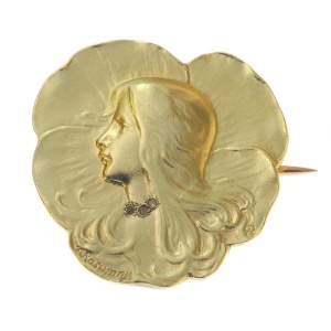 Art Nouveau brooch lady s head signed Rasumny